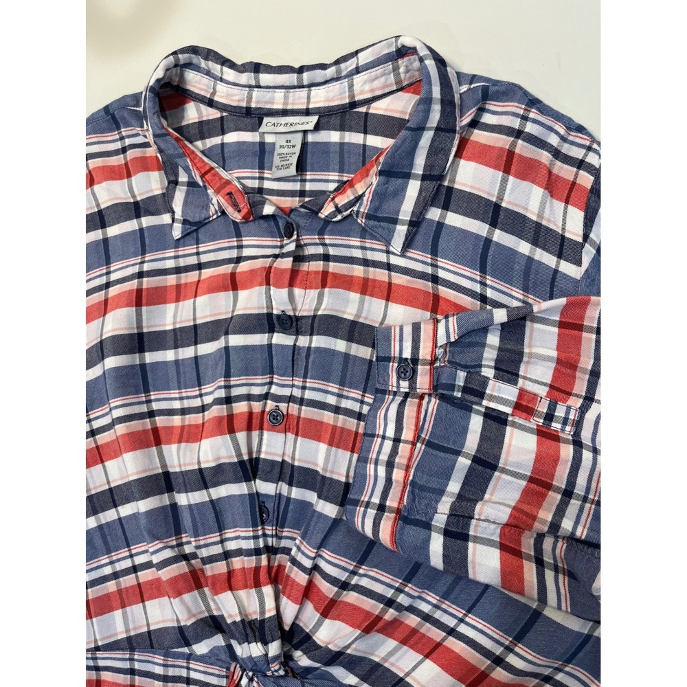 Catherines Plaid Button Front Twist Front Shirt Women 4X Blue Red White‎ Rayon